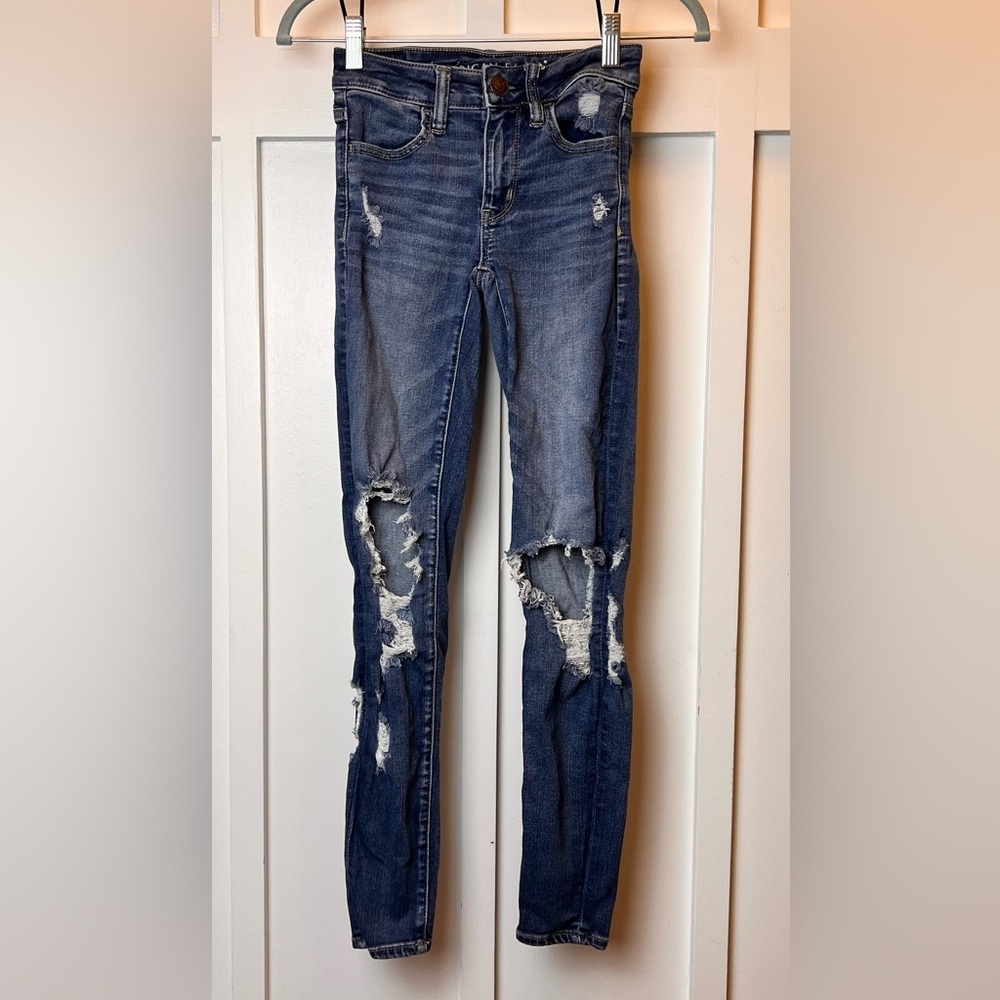 American Eagle Level Stretch Jegging 00 Regular Distressed Medium Wash Indie